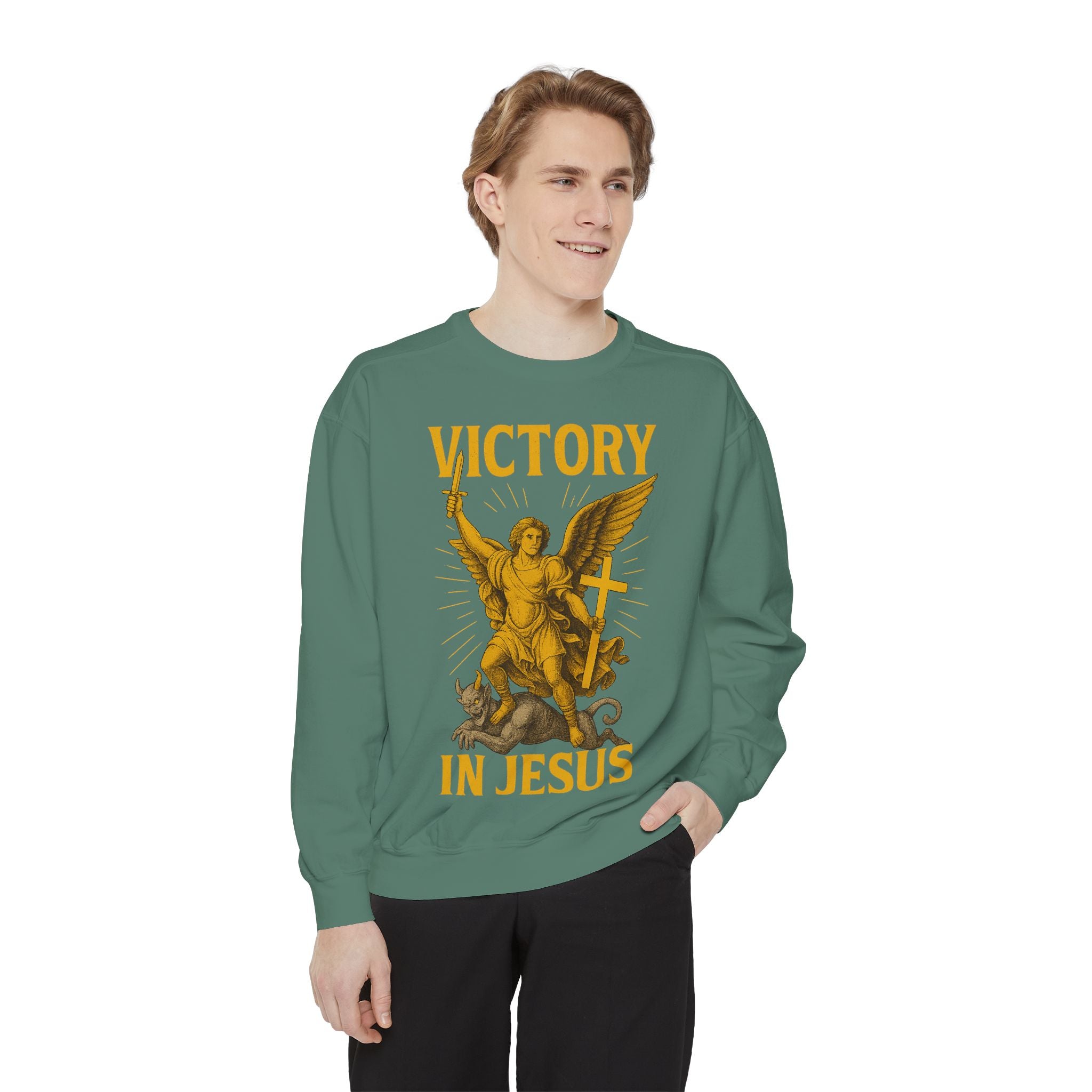 Victory in Jesus Unisex Garment-Dyed Sweatshirt